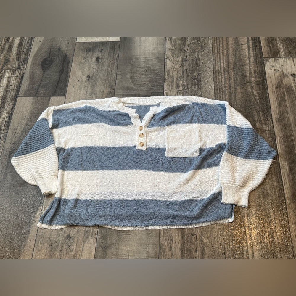 Shein 4xl curve blue white striped long sleeve blouse sweater  shirt pocket